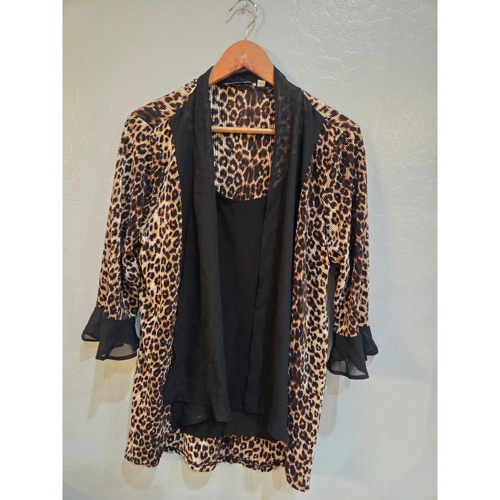 Notations Leopard Print Pleated Cardigan and Tank Top Set Large Blouse MBDF0365